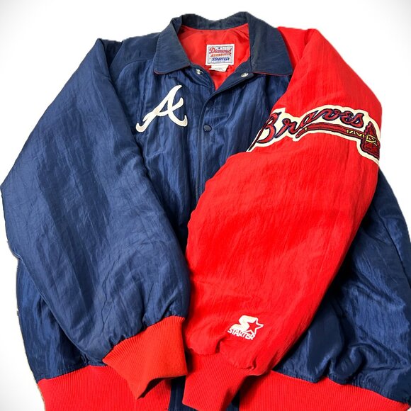 Vintage Atlanta Braves Starter Jacket Diamond Collection Satin Navy Red Size L - Picture 3 of 5